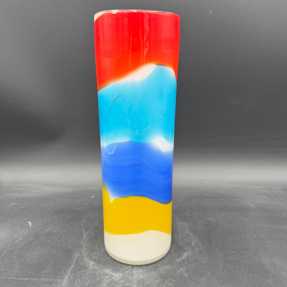 Vintage Hand Blown Artisian Glass Vase Multicolor Red, Blue, Yellow 10.5"